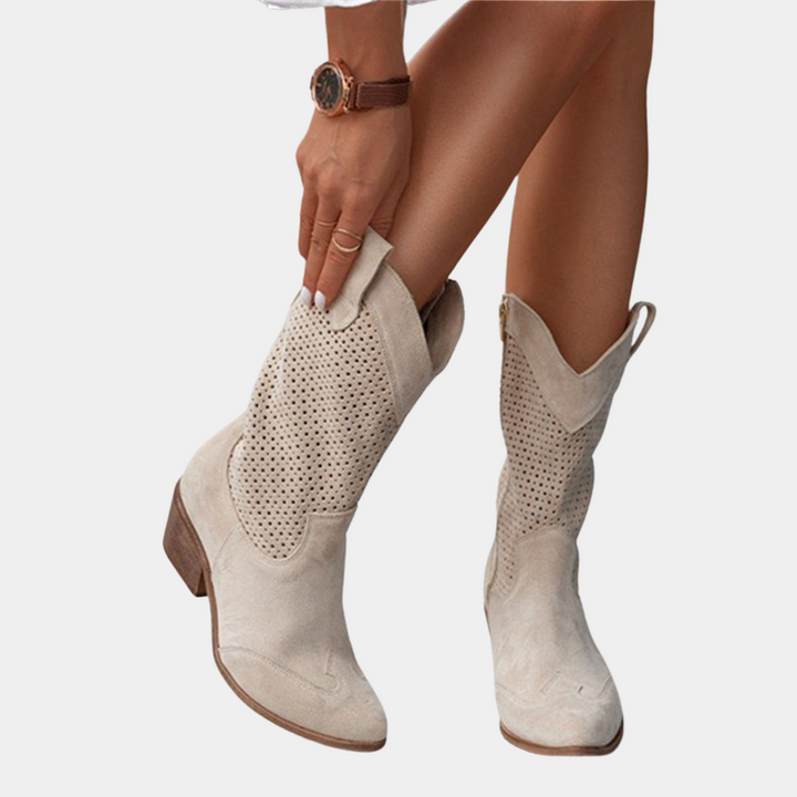 Perforated Leather Pointed Toe Stacked Heel Cowboy Boot