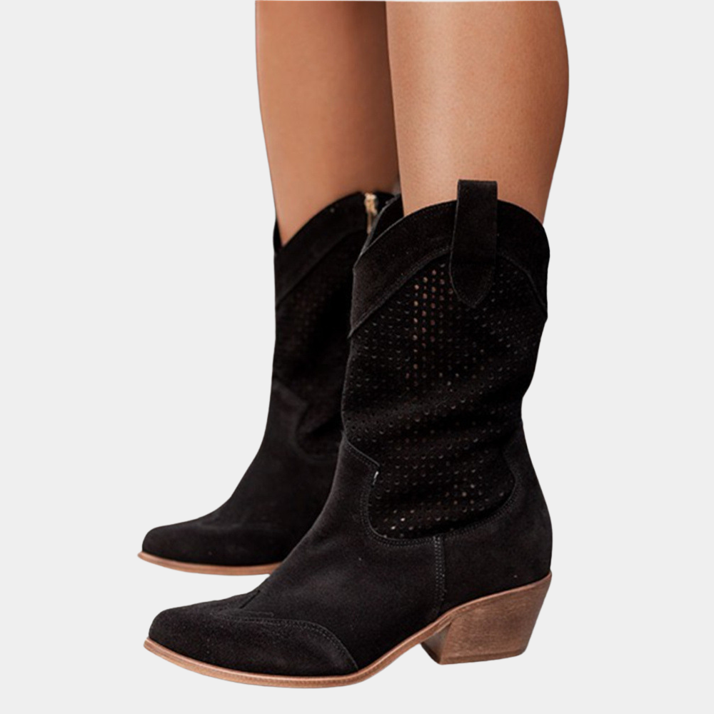 Perforated Leather Pointed Toe Stacked Heel Cowboy Boot