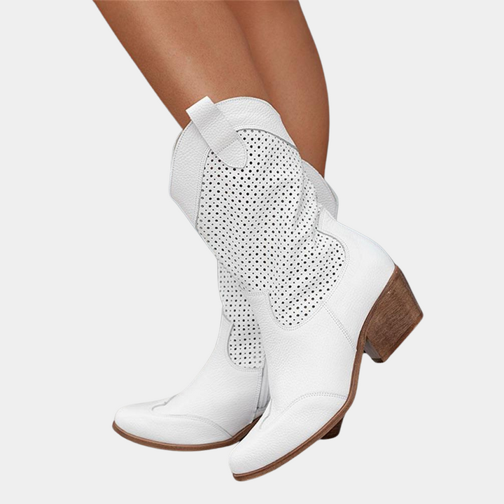 Perforated Leather Pointed Toe Stacked Heel Cowboy Boot