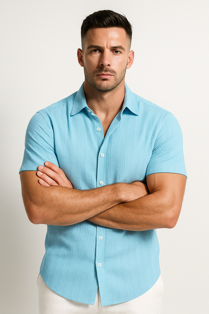 Textured Stripe Short Sleeve Button Down Casual Shirt