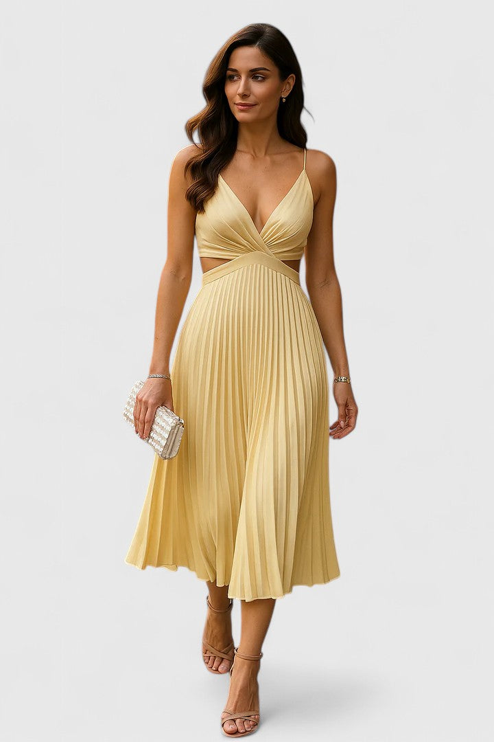 Elegant Strappy Pleated Midi Dress Cut Out Waist