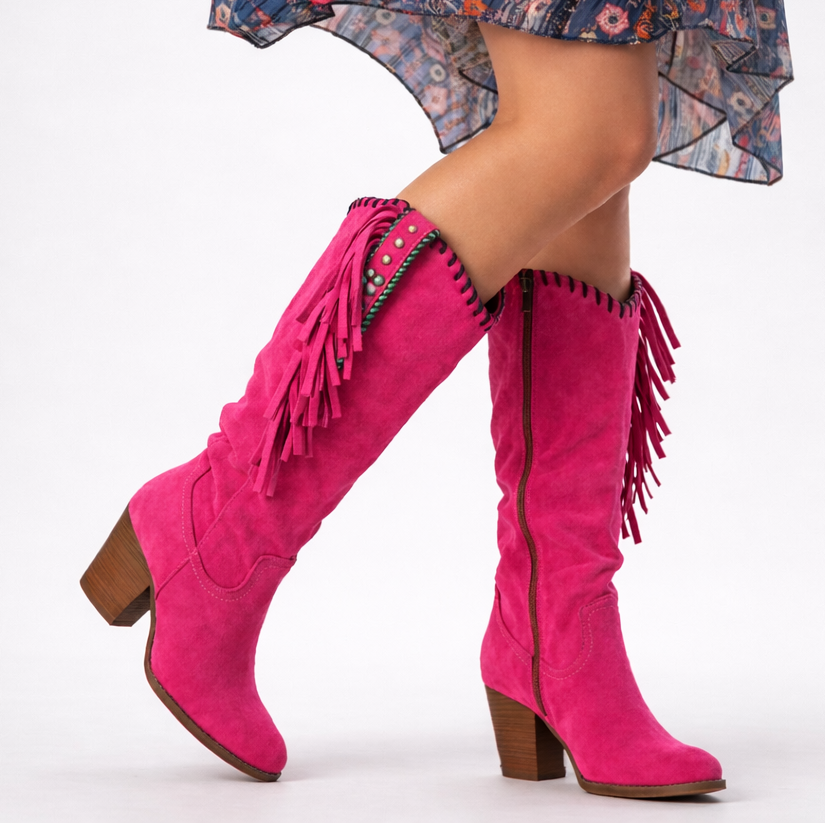 Fringe Concho Stitch Trim Slouch Suede Knee High Western Boot
