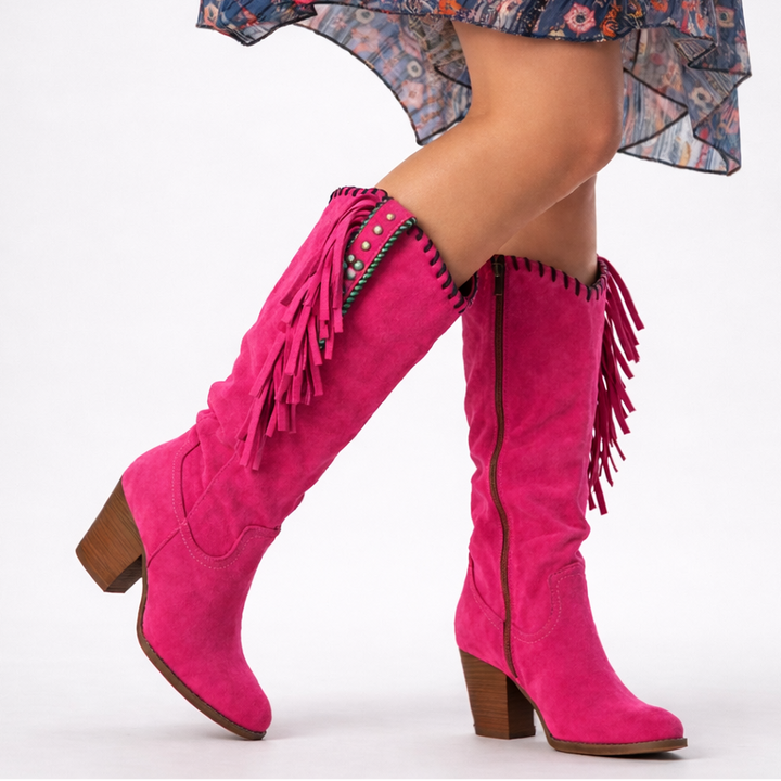 Fringe Concho Stitch Trim Slouch Suede Knee High Western Boot