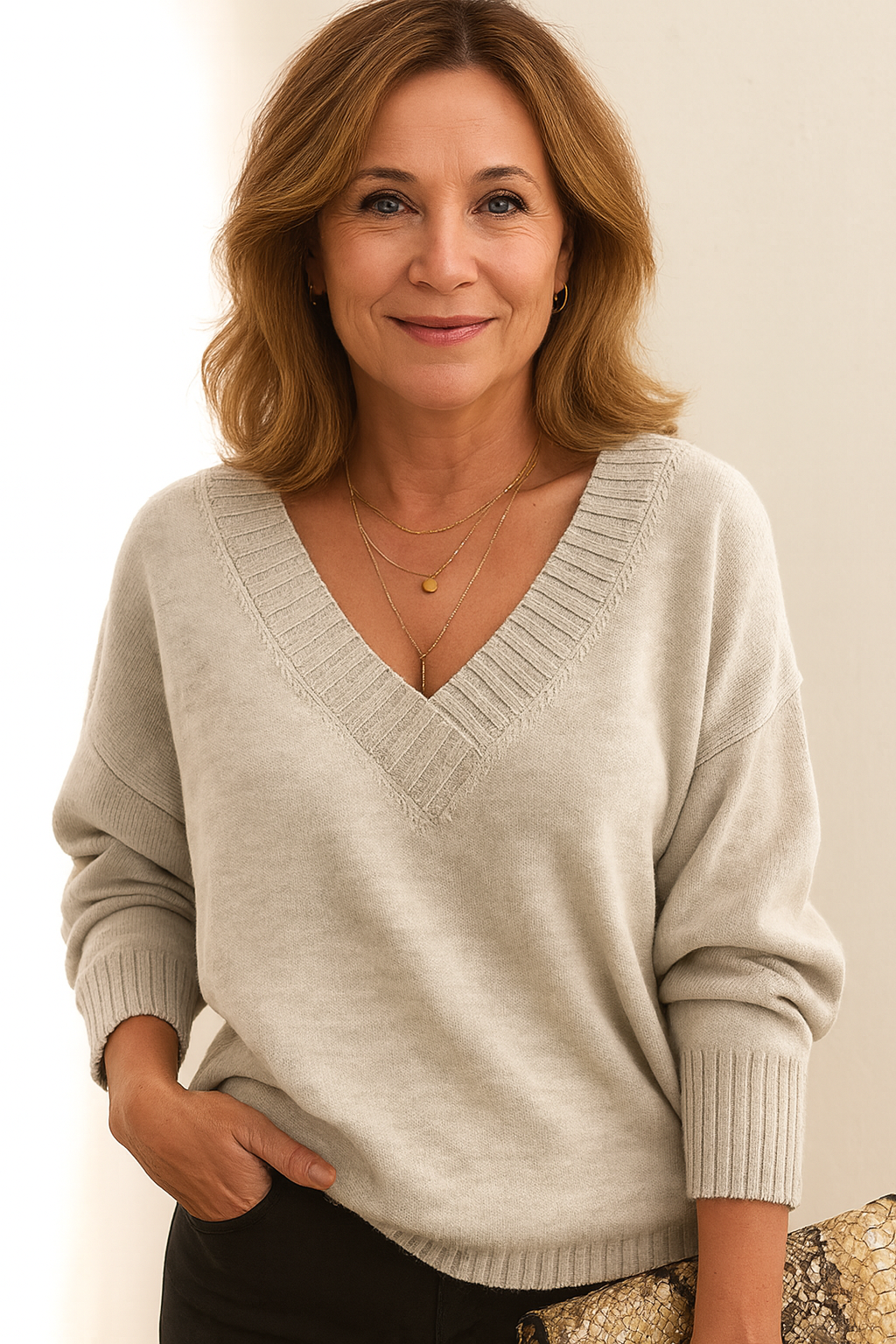 Emmeline | Women's Oversized Deep V-Neck Ribbed Collar Sweater