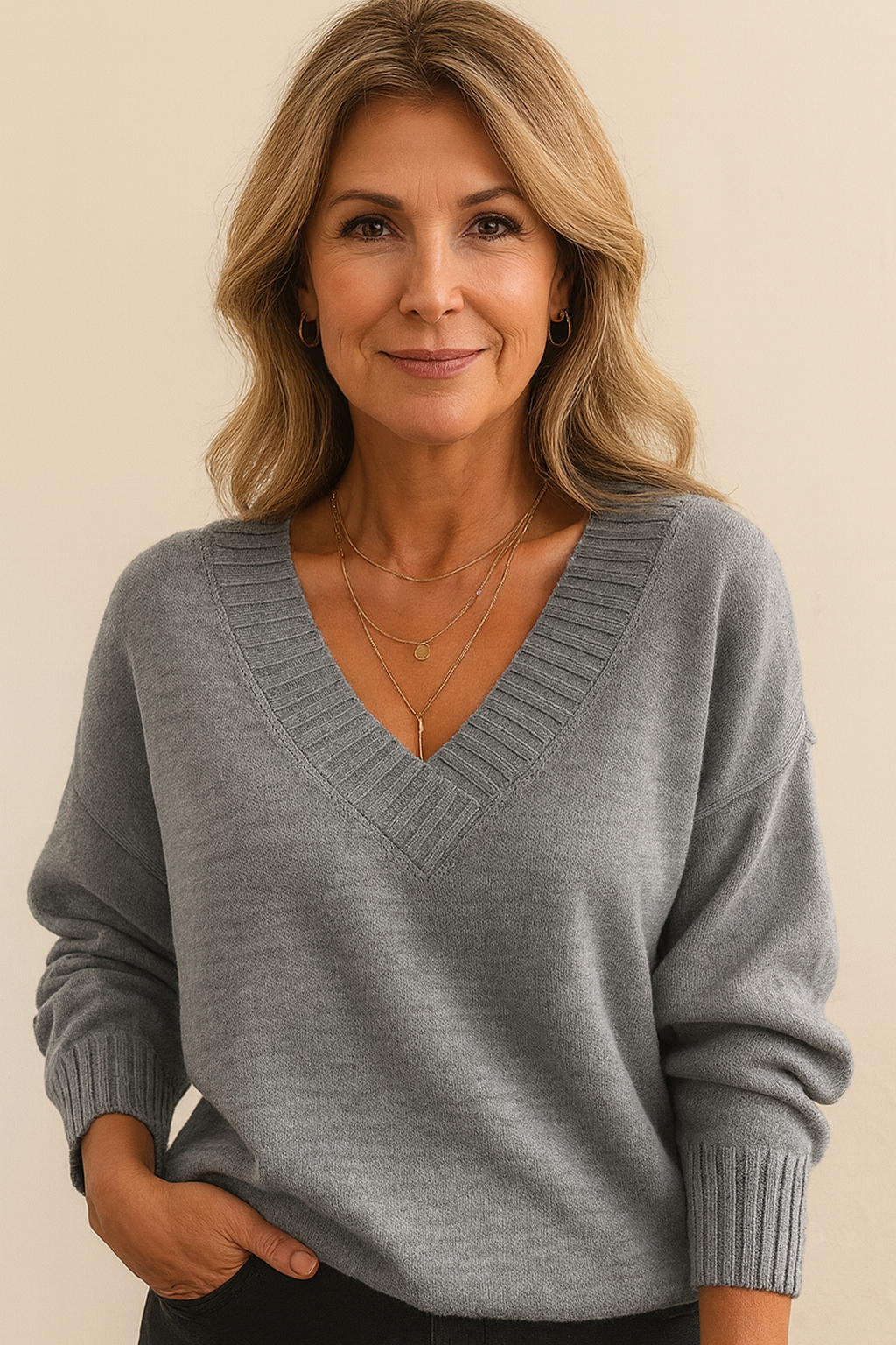Emmeline | Women's Oversized Deep V-Neck Ribbed Collar Sweater