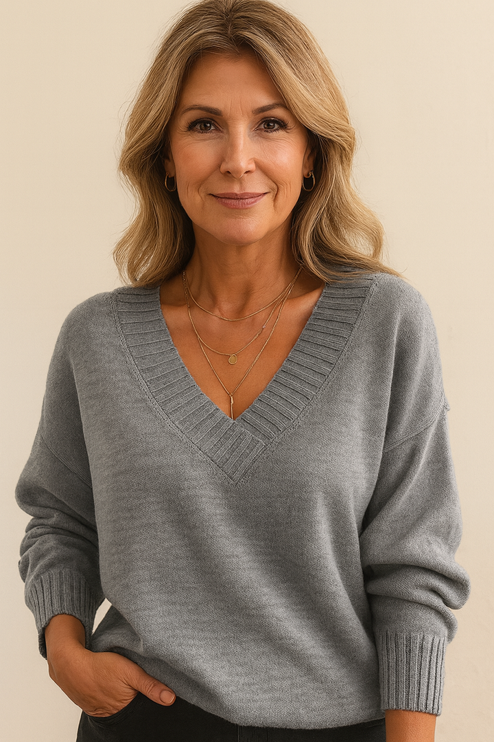 Emmeline | Women's Oversized Deep V-Neck Ribbed Collar Sweater