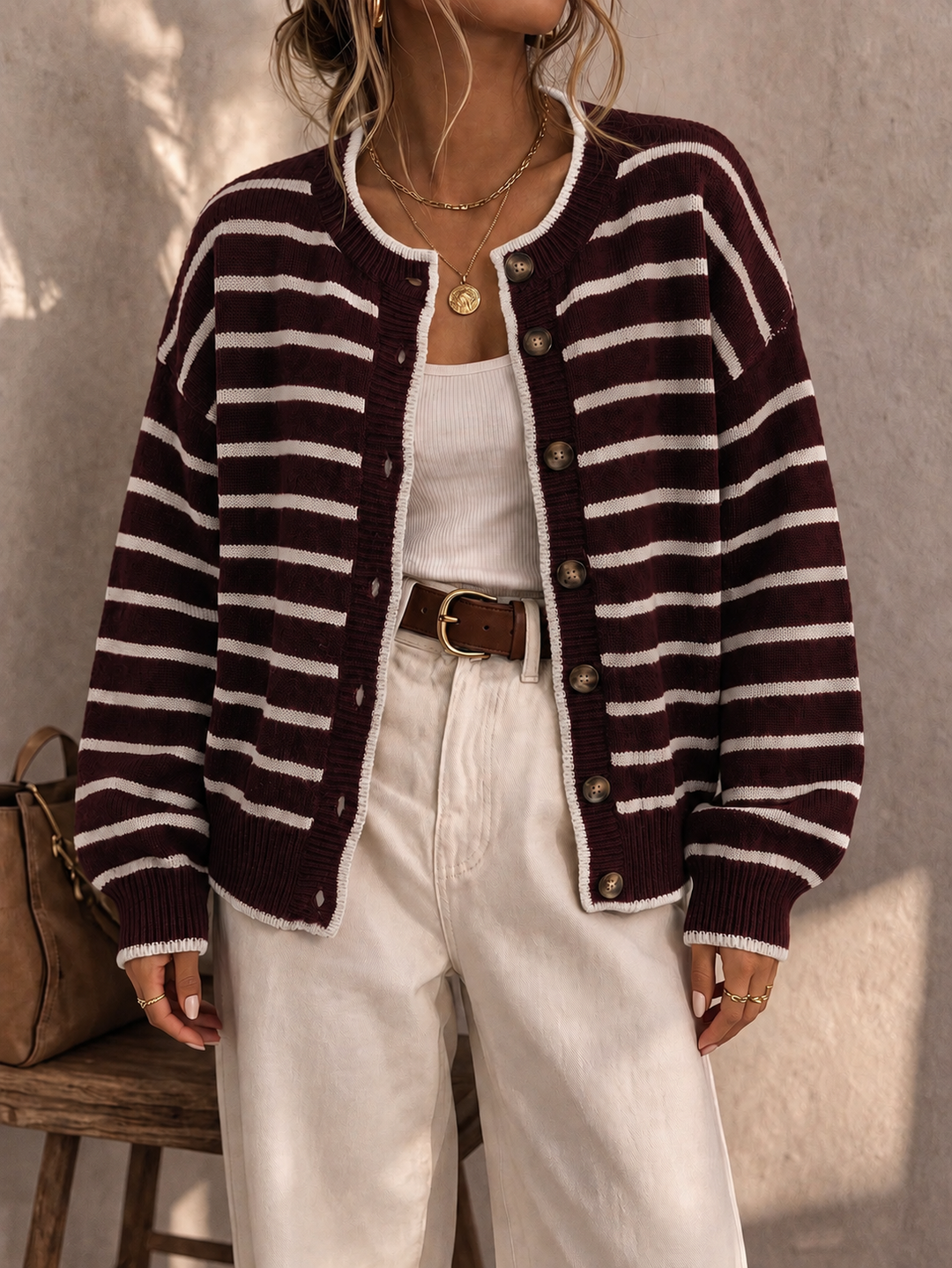 Daphne | Women's Oversized Striped Button Up Knit Cardigan