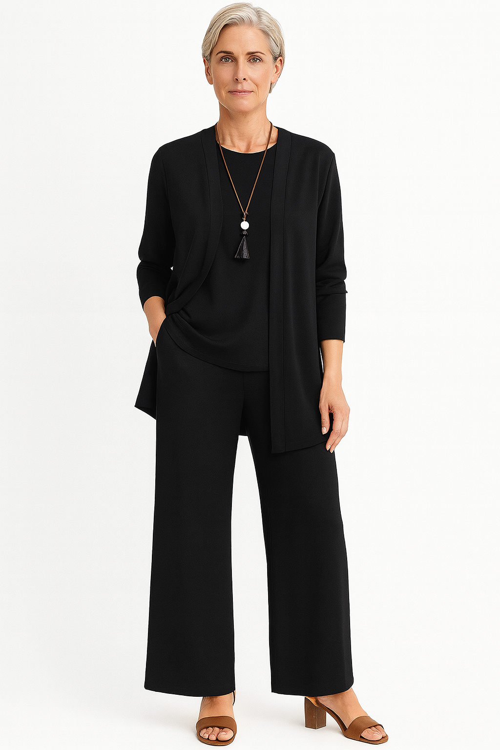 Longline Cardigan Wide Leg Trouser Three Piece Set Women