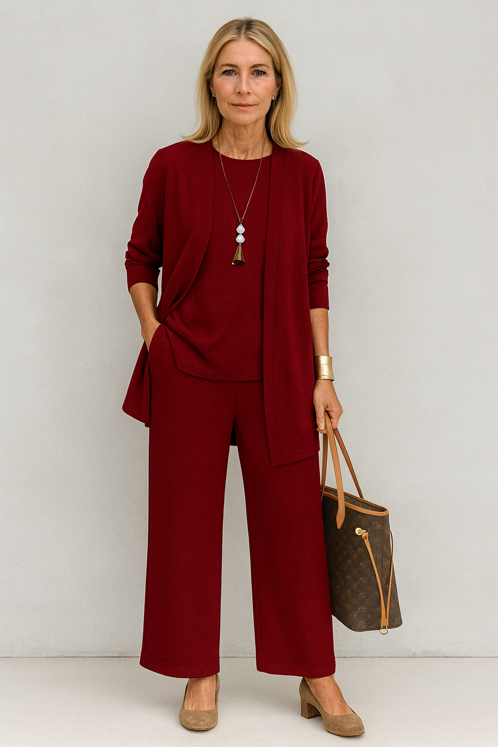 Longline Cardigan Wide Leg Trouser Three Piece Set Women