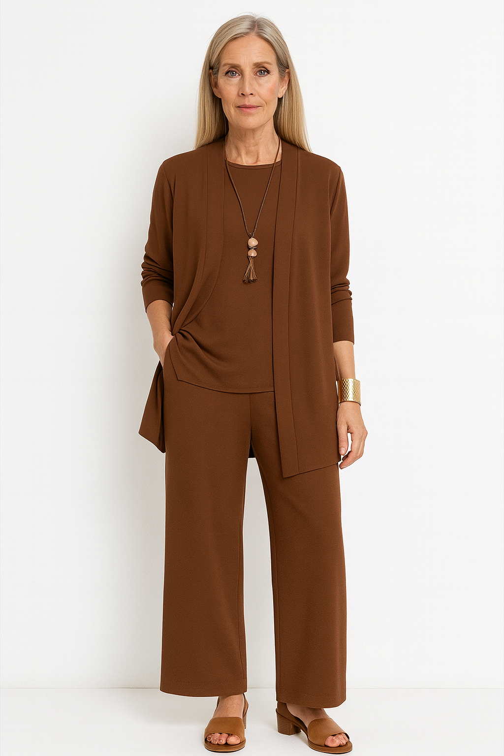 Longline Cardigan Wide Leg Trouser Three Piece Set Women