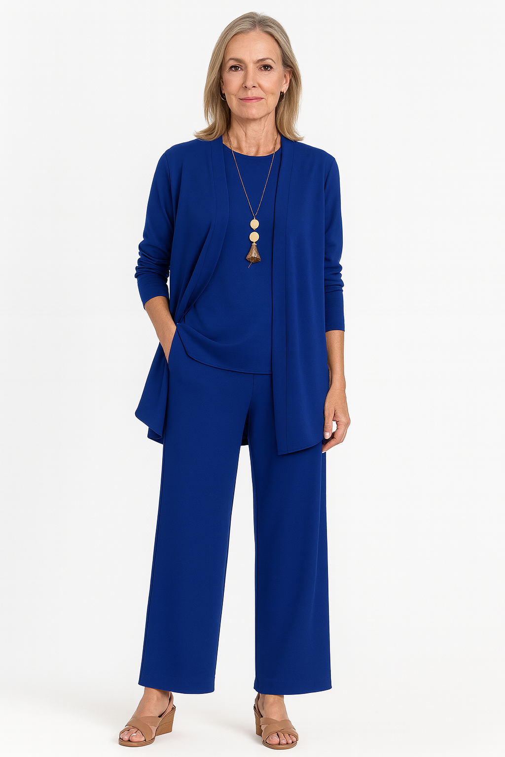 Longline Cardigan Wide Leg Trouser Three Piece Set Women