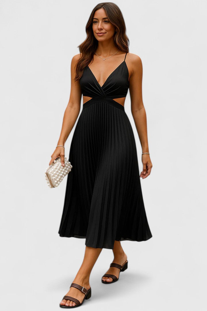 Elegant Strappy Pleated Midi Dress Cut Out Waist