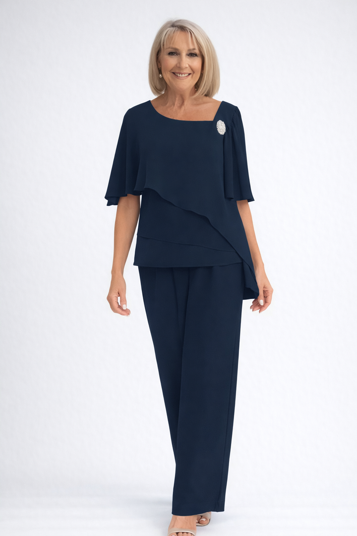 Pearl Brooch Tiered Chiffon Cape Top and Wide Leg Pant Set