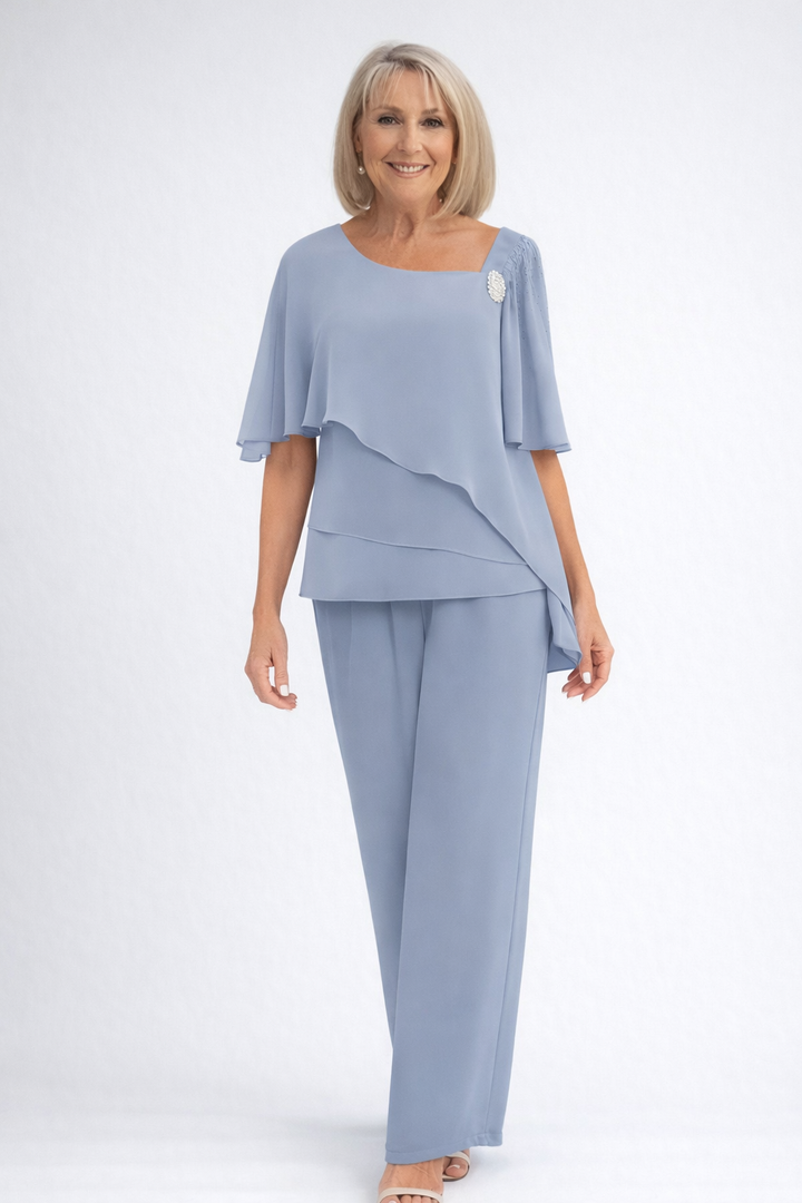 Pearl Brooch Tiered Chiffon Cape Top and Wide Leg Pant Set