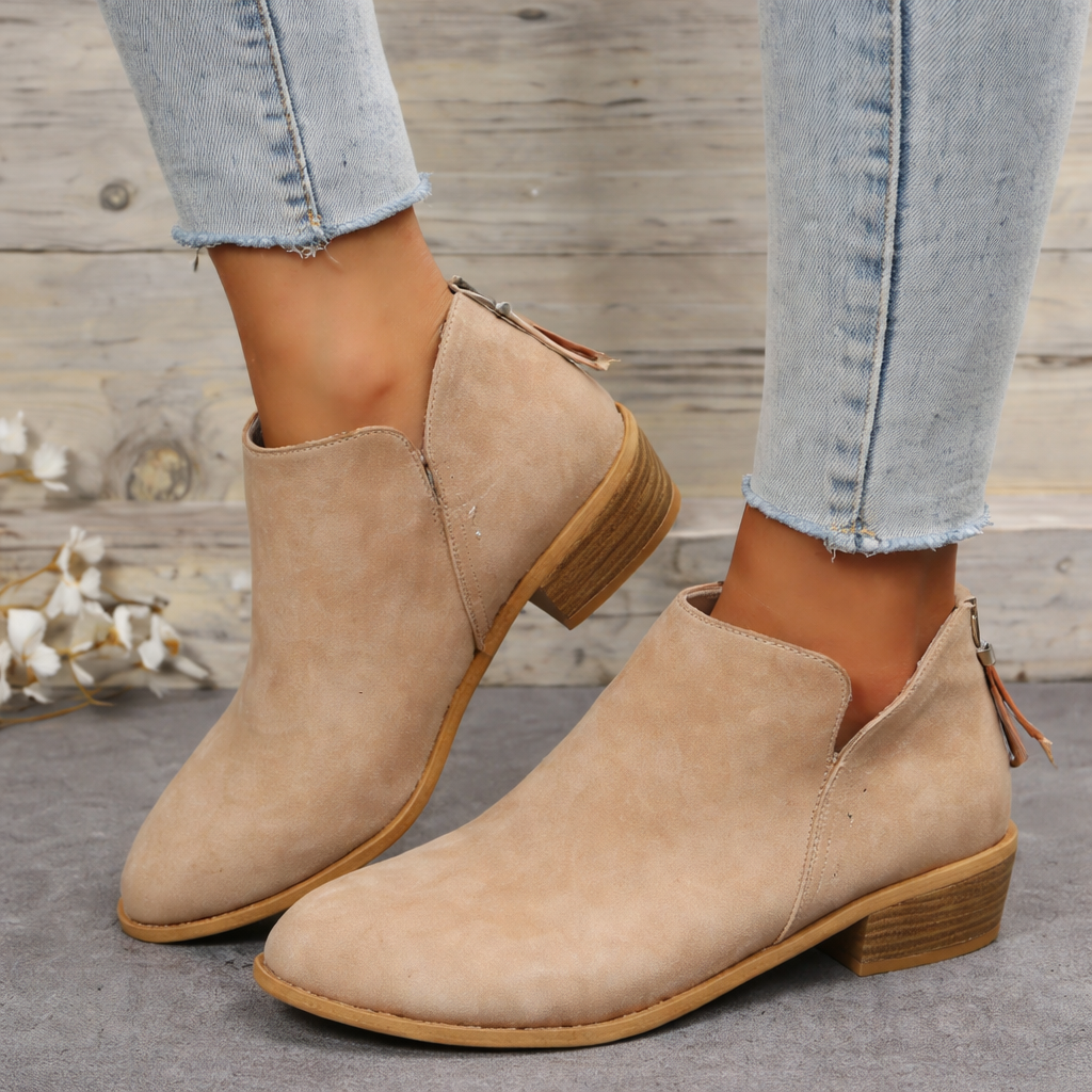 V Cut Pointed Toe Side Zip Stacked Heel Suede Ankle Boot