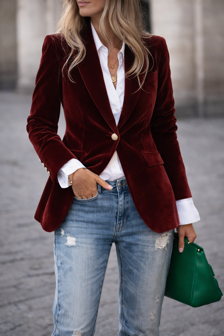 Peak Lapel Gold Button Cuff Single Breast Velvet Blazer