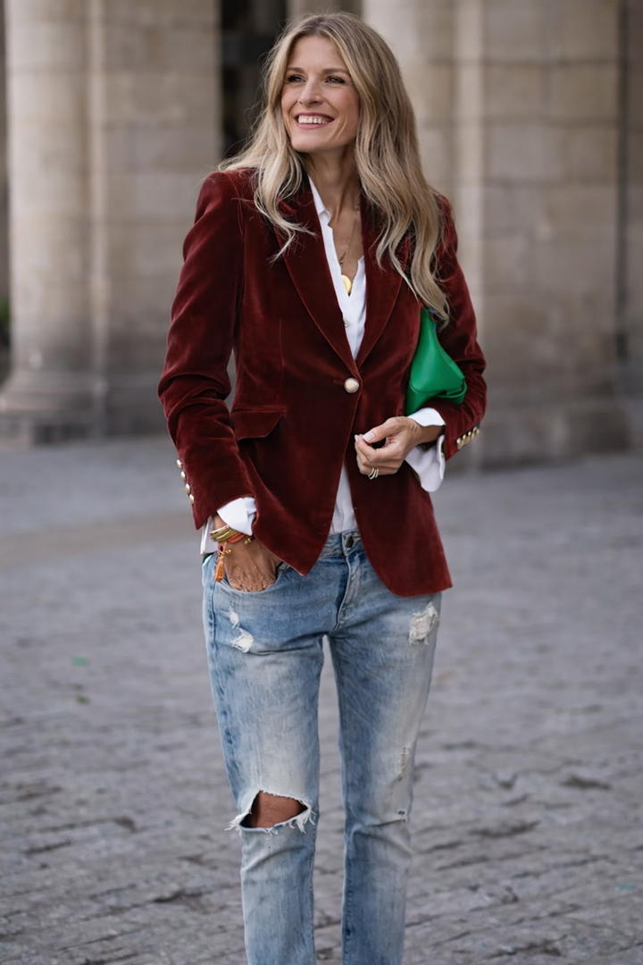 Peak Lapel Gold Button Cuff Single Breast Velvet Blazer