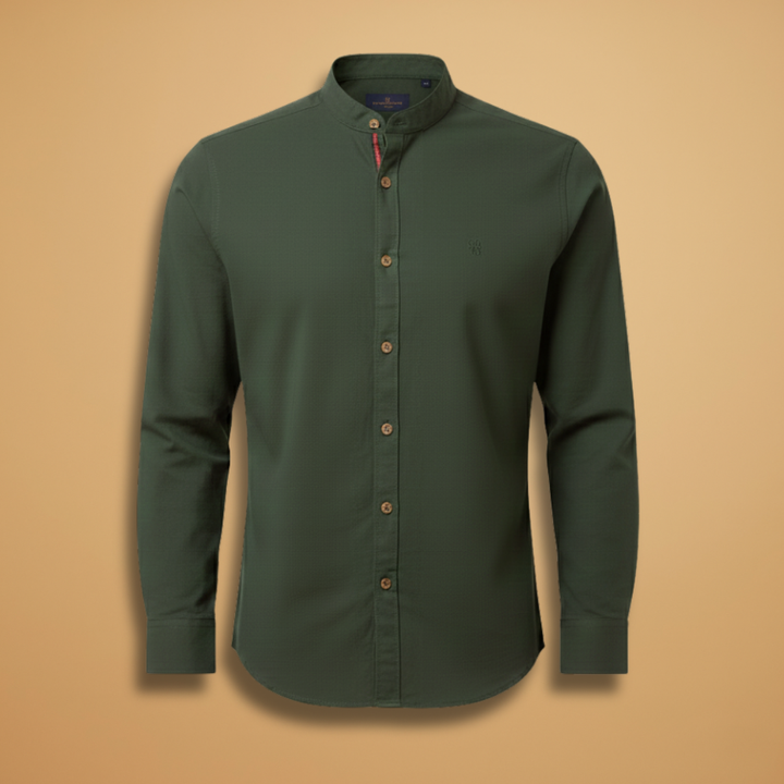 Mandarin Collar Contrast Trim Slim Fit Long Sleeve Casual Shirt