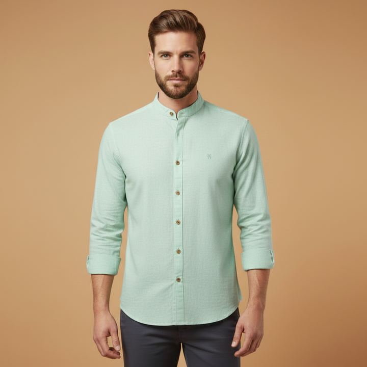 Mandarin Collar Contrast Trim Slim Fit Long Sleeve Casual Shirt