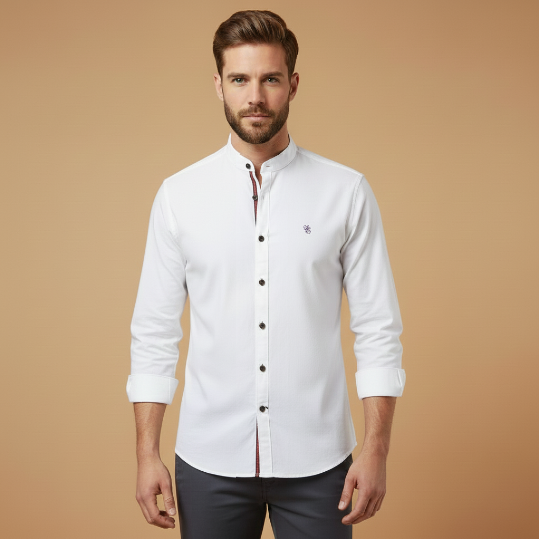 Mandarin Collar Contrast Trim Slim Fit Long Sleeve Casual Shirt