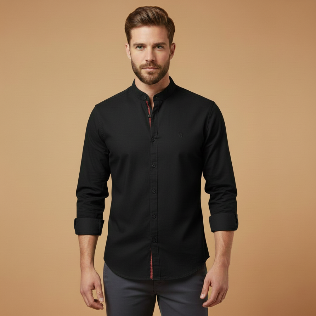 Mandarin Collar Contrast Trim Slim Fit Long Sleeve Casual Shirt