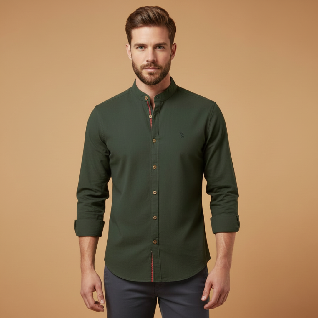 Mandarin Collar Contrast Trim Slim Fit Long Sleeve Casual Shirt