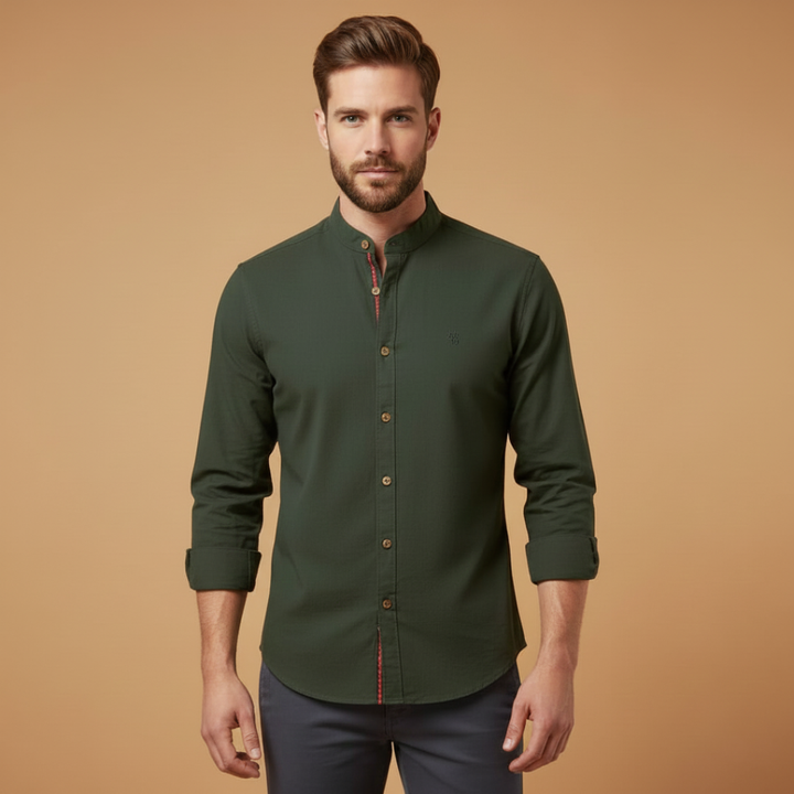 Mandarin Collar Contrast Trim Slim Fit Long Sleeve Casual Shirt