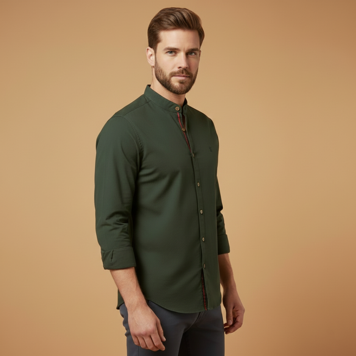 Mandarin Collar Contrast Trim Slim Fit Long Sleeve Casual Shirt