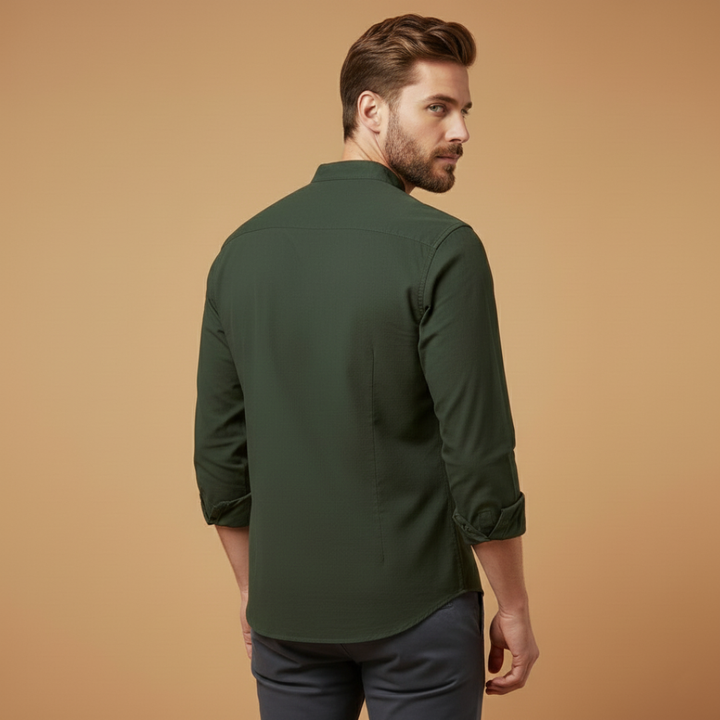 Mandarin Collar Contrast Trim Slim Fit Long Sleeve Casual Shirt
