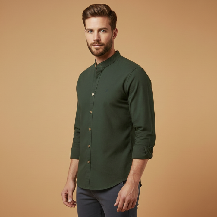 Mandarin Collar Contrast Trim Slim Fit Long Sleeve Casual Shirt