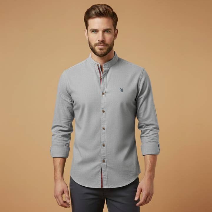 Mandarin Collar Contrast Trim Slim Fit Long Sleeve Casual Shirt