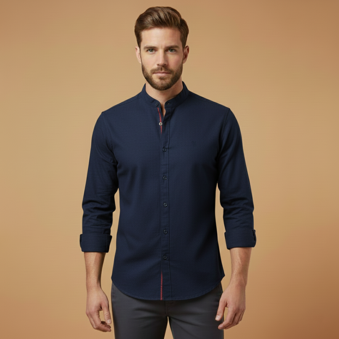 Mandarin Collar Contrast Trim Slim Fit Long Sleeve Casual Shirt