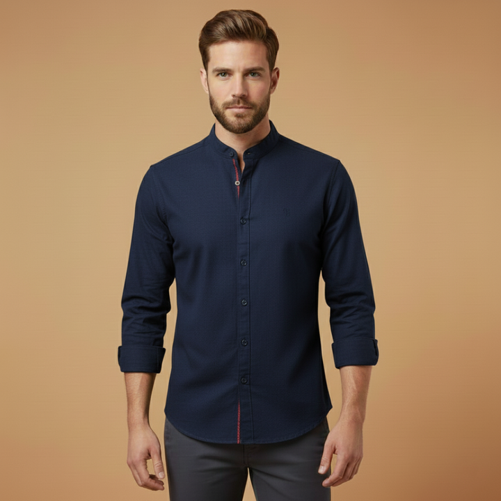 Mandarin Collar Contrast Trim Slim Fit Long Sleeve Casual Shirt