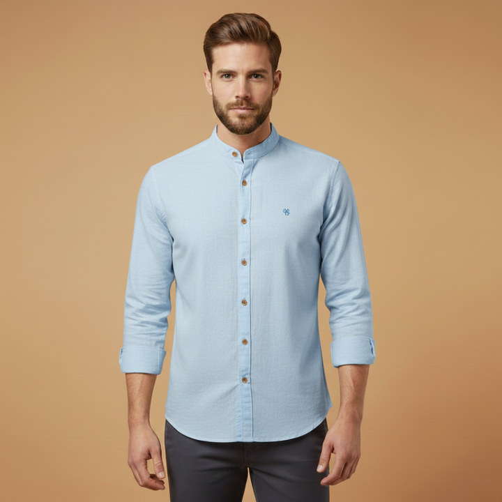 Mandarin Collar Contrast Trim Slim Fit Long Sleeve Casual Shirt