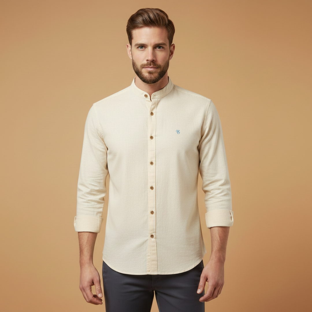 Mandarin Collar Contrast Trim Slim Fit Long Sleeve Casual Shirt