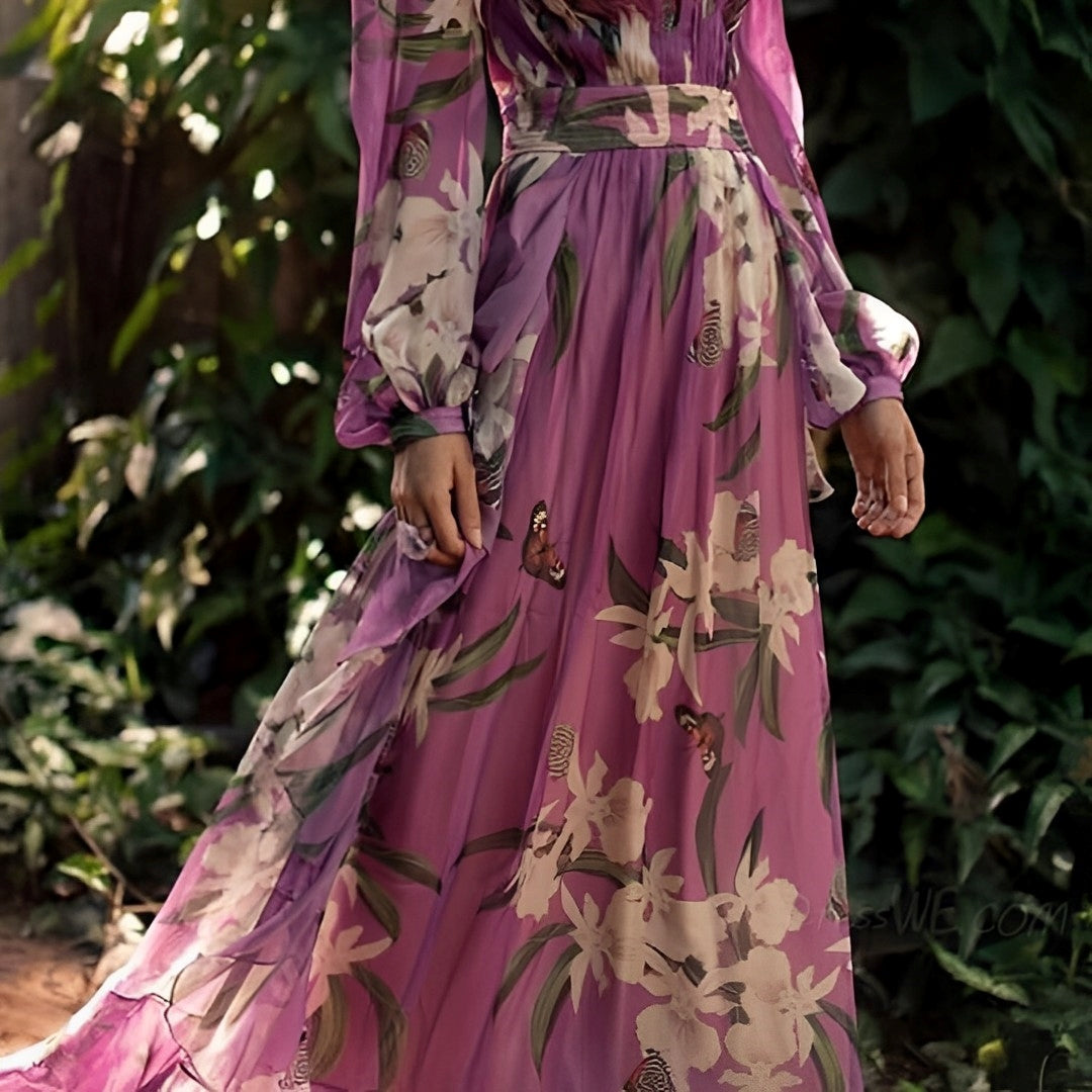 Floral Chiffon Long Sleeve Maxi Dress - Wedding Guest Formal