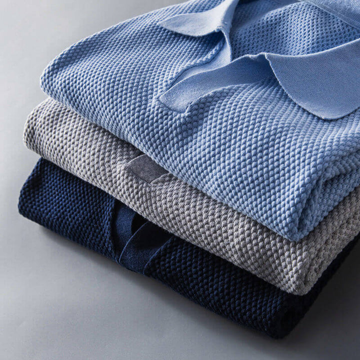 Waffle Knit Open Collar Relaxed Fit Short Sleeve Polo Shirt