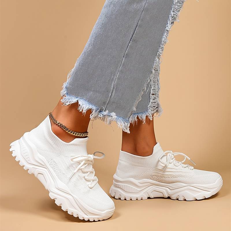Flyknit Mesh Lace Up Chunky Sole Running Sneakers Women