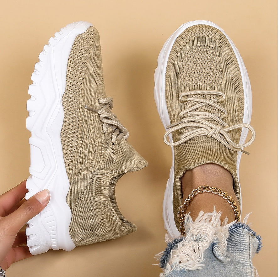 Flyknit Mesh Lace Up Chunky Sole Running Sneakers Women