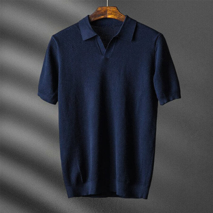 Waffle Knit Open Collar Relaxed Fit Short Sleeve Polo Shirt