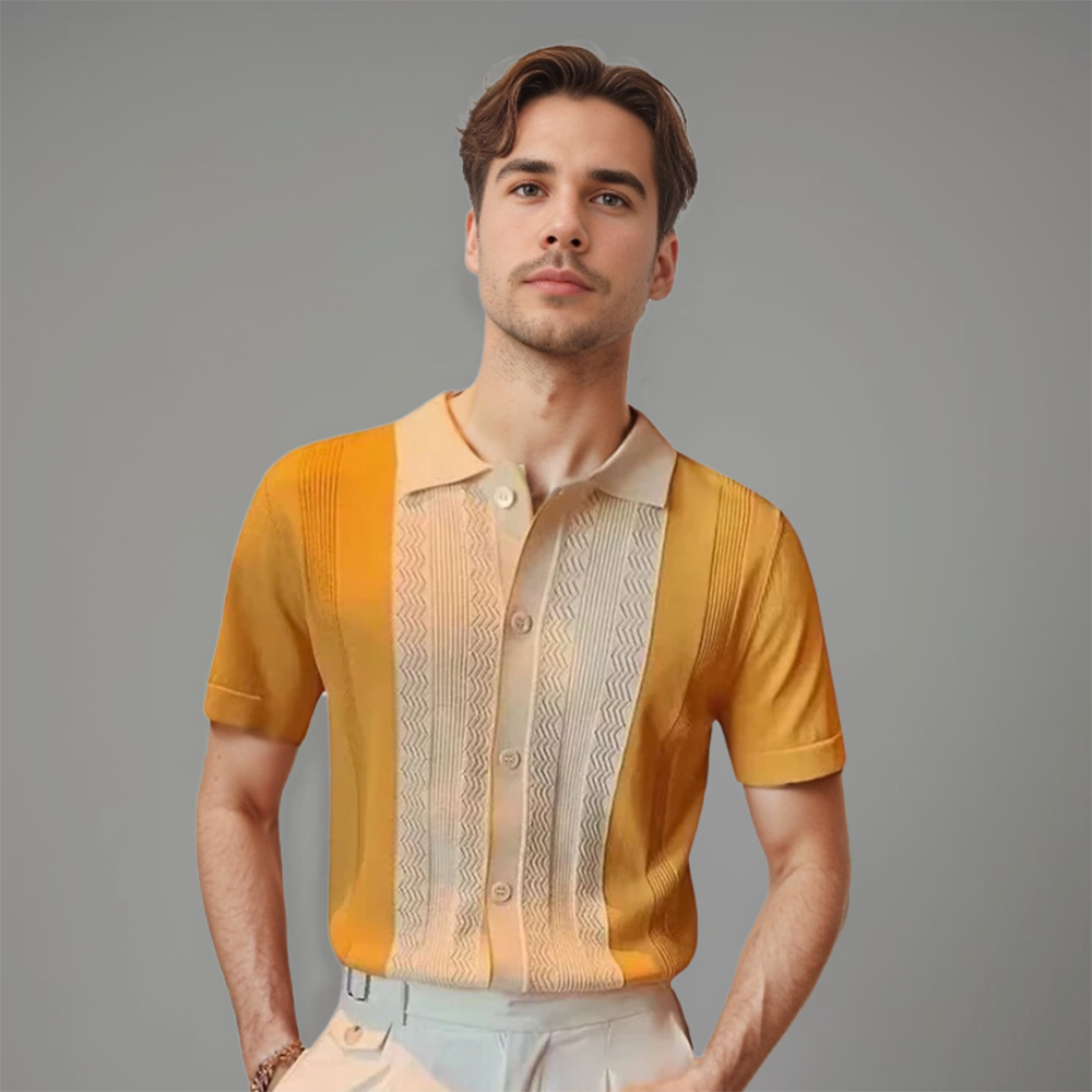Colorblock Contrast Panel Open Collar Short Sleeve Knit Polo Shirt