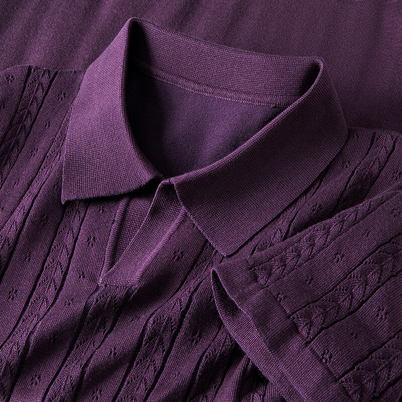 Cable Knit Texture Open Collar Short Sleeve Polo Shirt