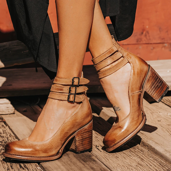 Double Buckle Strap Leather Block Heels Women
