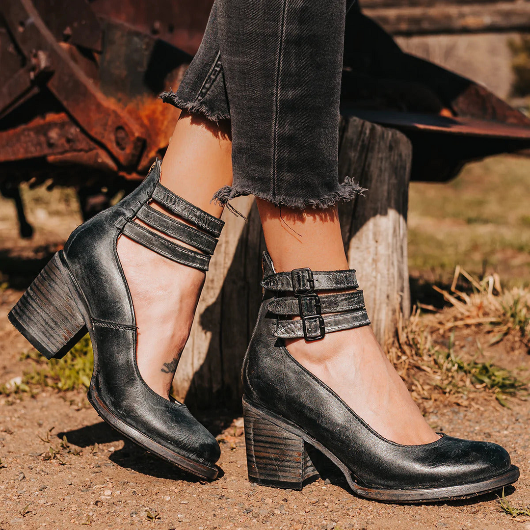 Double Buckle Strap Leather Block Heels Women