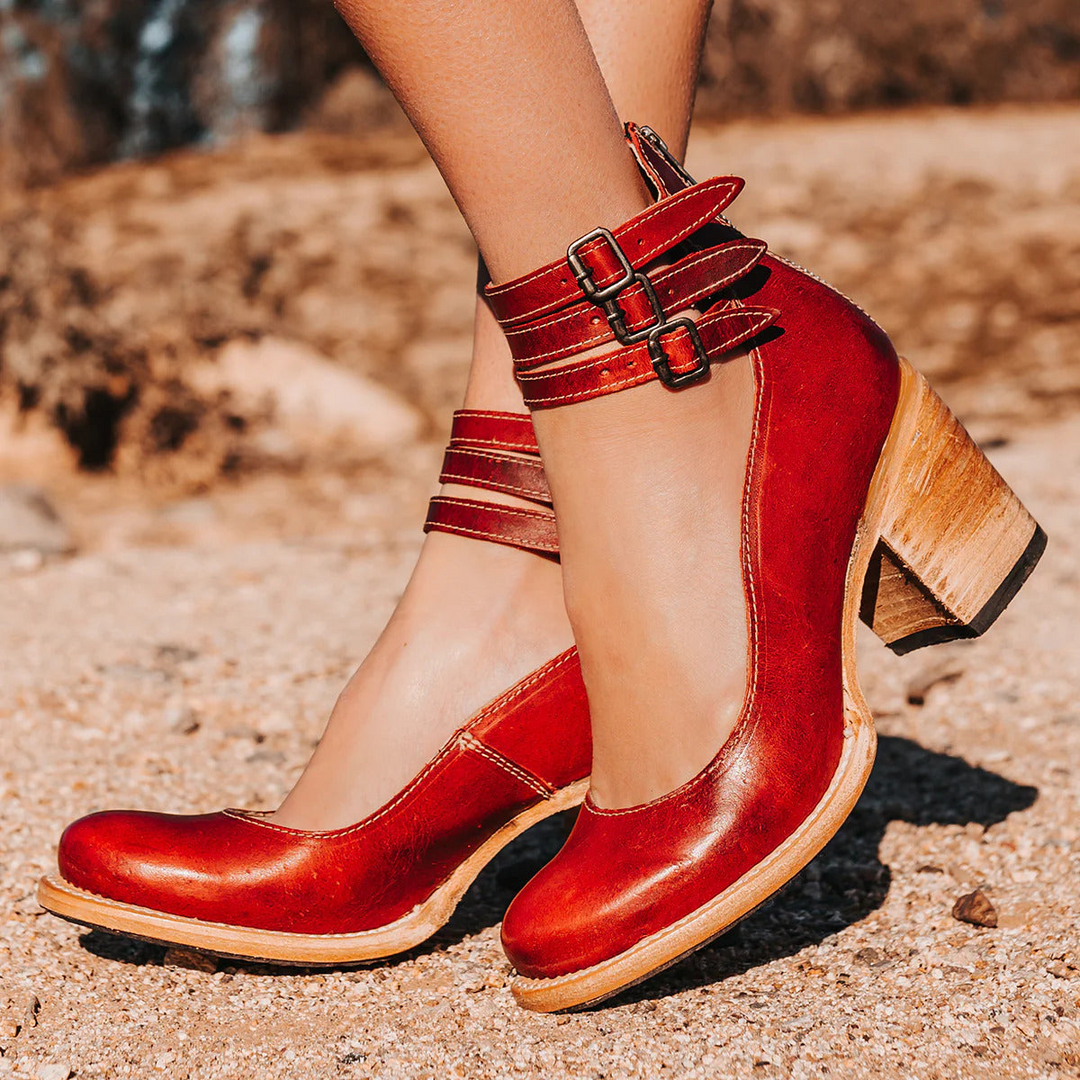 Double Buckle Strap Leather Block Heels Women
