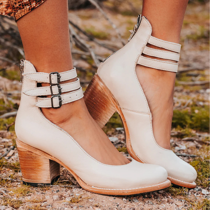 Double Buckle Strap Leather Block Heels Women