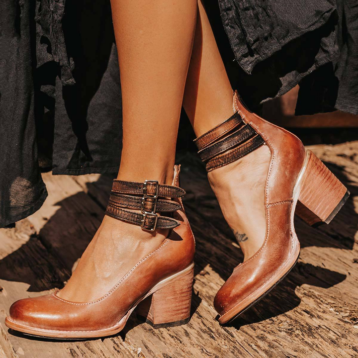 Double Buckle Strap Leather Block Heels Women