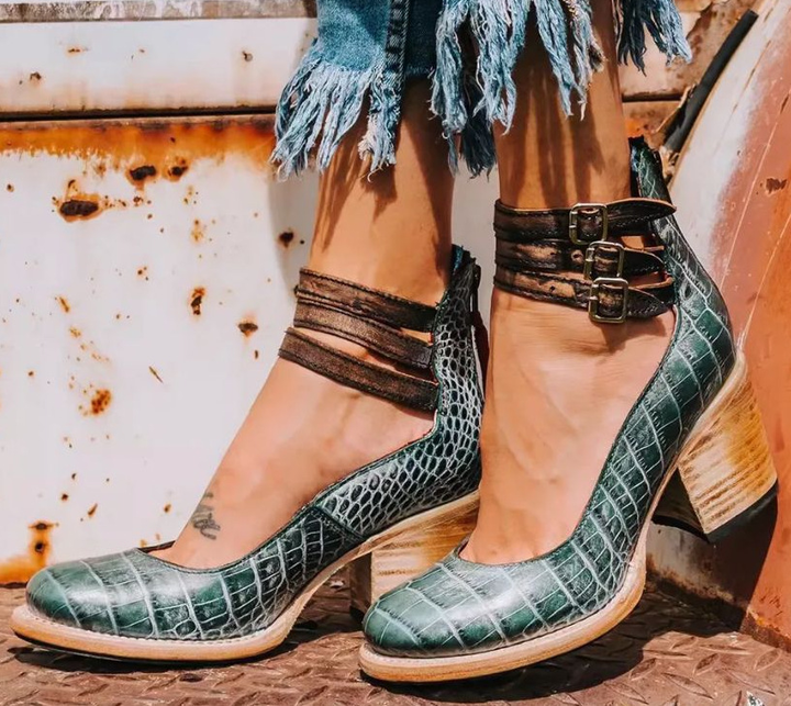 Double Buckle Strap Leather Block Heels Women