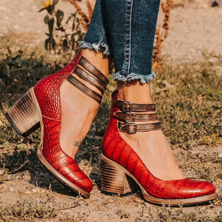 Double Buckle Strap Leather Block Heels Women