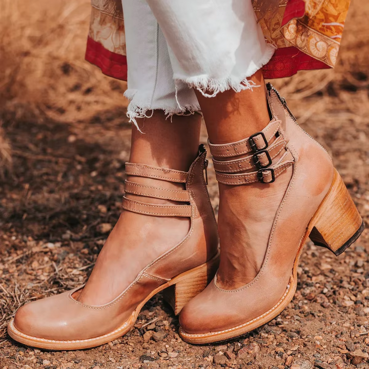 Double Buckle Strap Leather Block Heels Women